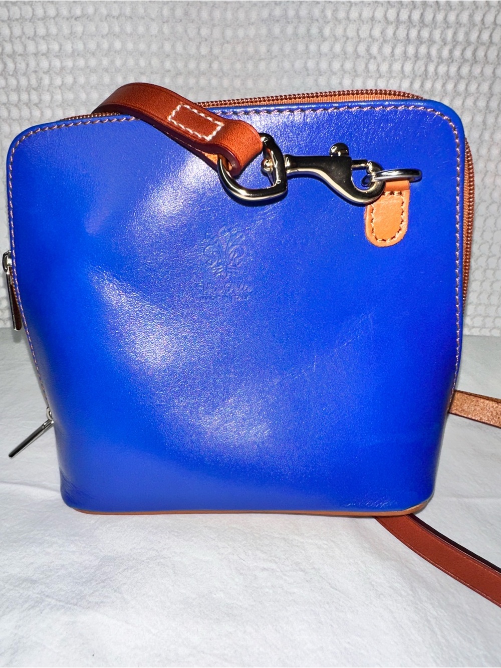 No.100 Vera Pelle Italian Leather Small Crossbody Bag in Royal Blue and Brown - Picture 4 of 5